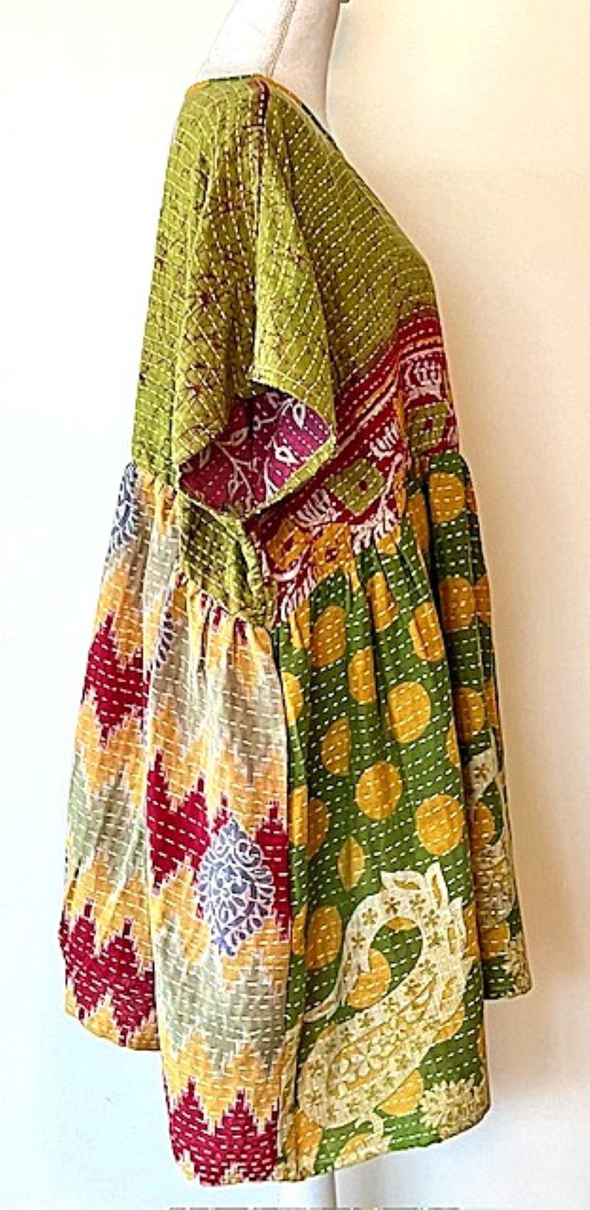 Kantha Bae Quilt Mini Dress. Comfortable, Soft, and Very Chic (Olive)