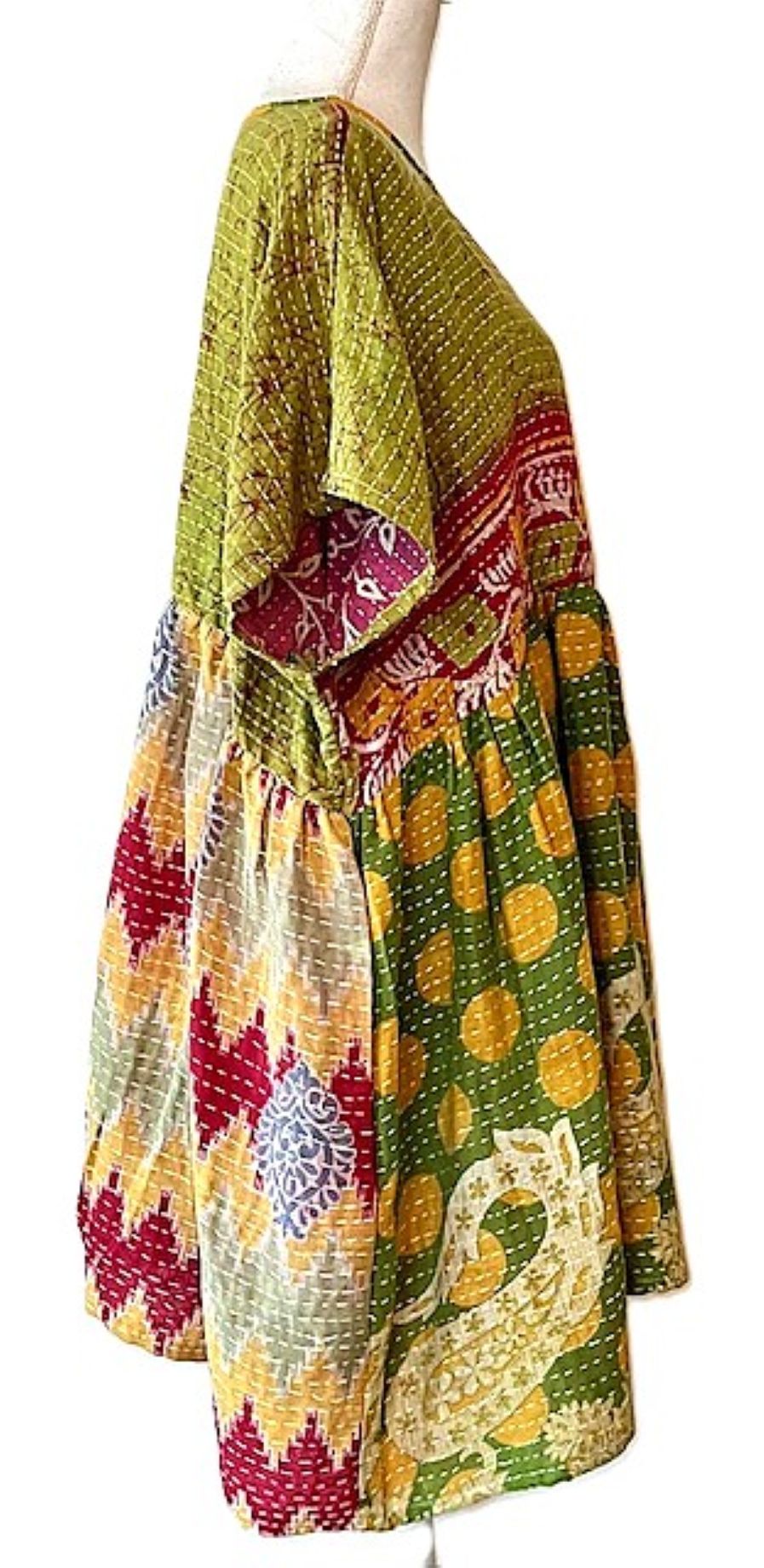Artisan Quilt Mini Dress. Comfortable, Soft, and Very Chic (Green Pink)
