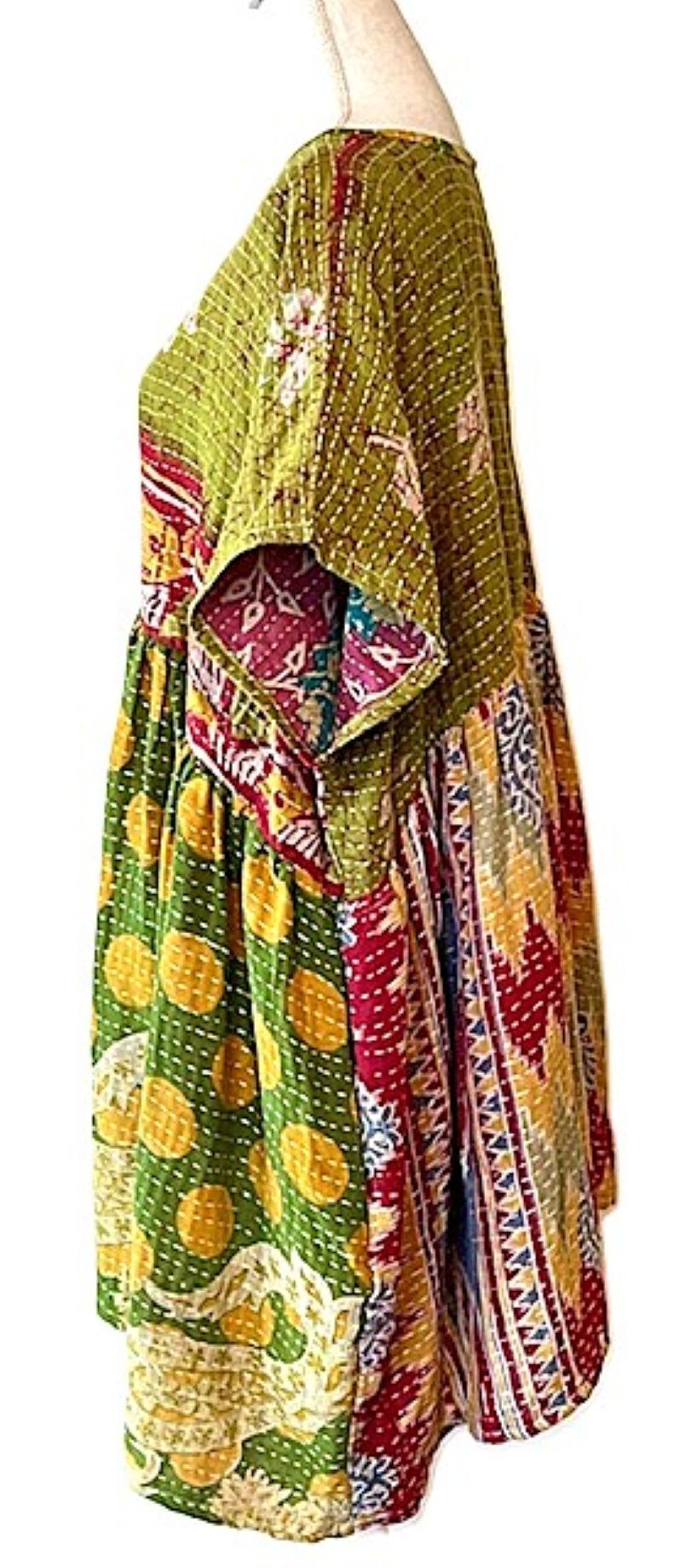 Artisan Quilt Mini Dress. Comfortable, Soft, and Very Chic (Green Pink)
