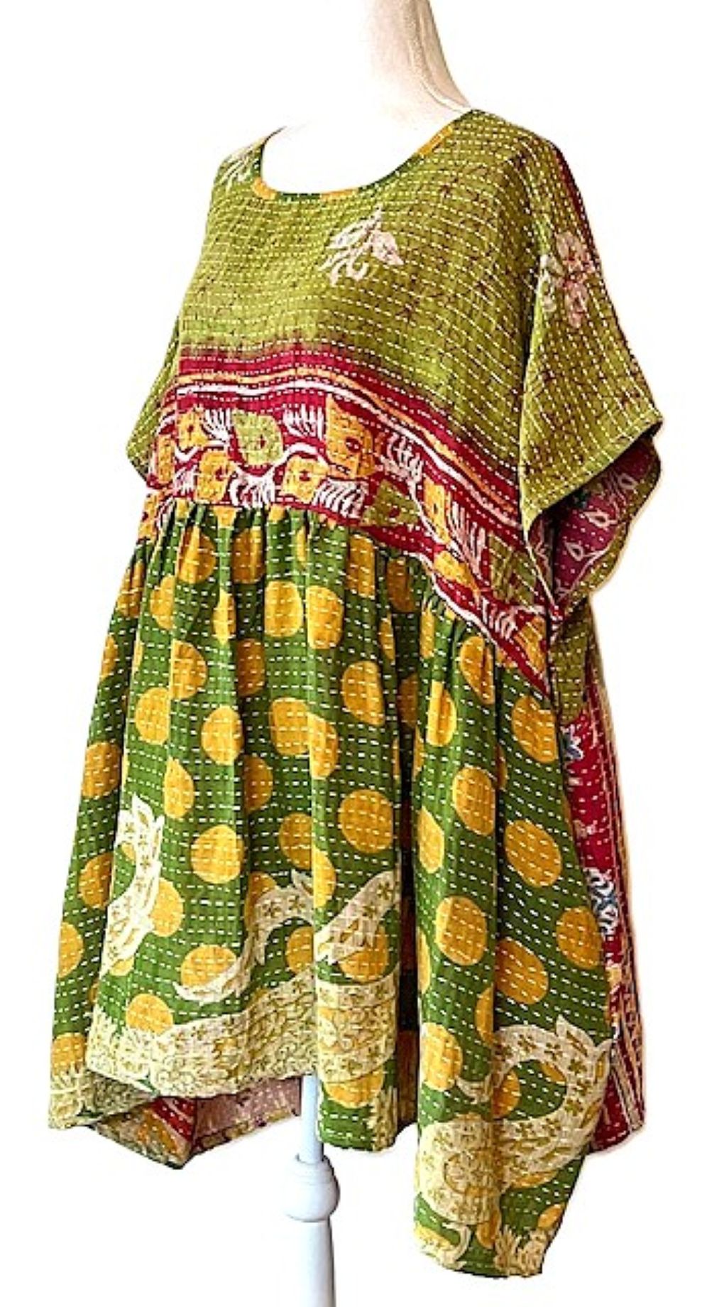 Artisan Quilt Mini Dress. Comfortable, Soft, and Very Chic (Green Pink)