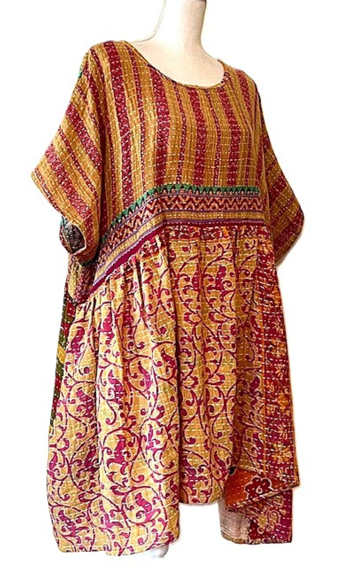 Artisan Quilt Mini Dress. Comfortable, Soft, and Very Chic (Red Stripe)