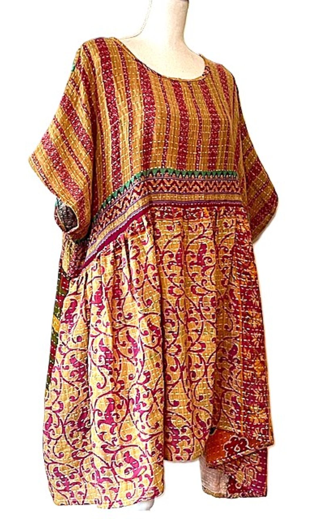 Kantha Bae Quilt Mini Dress. Comfortable, Soft, and Very Chic (Red Stripe)