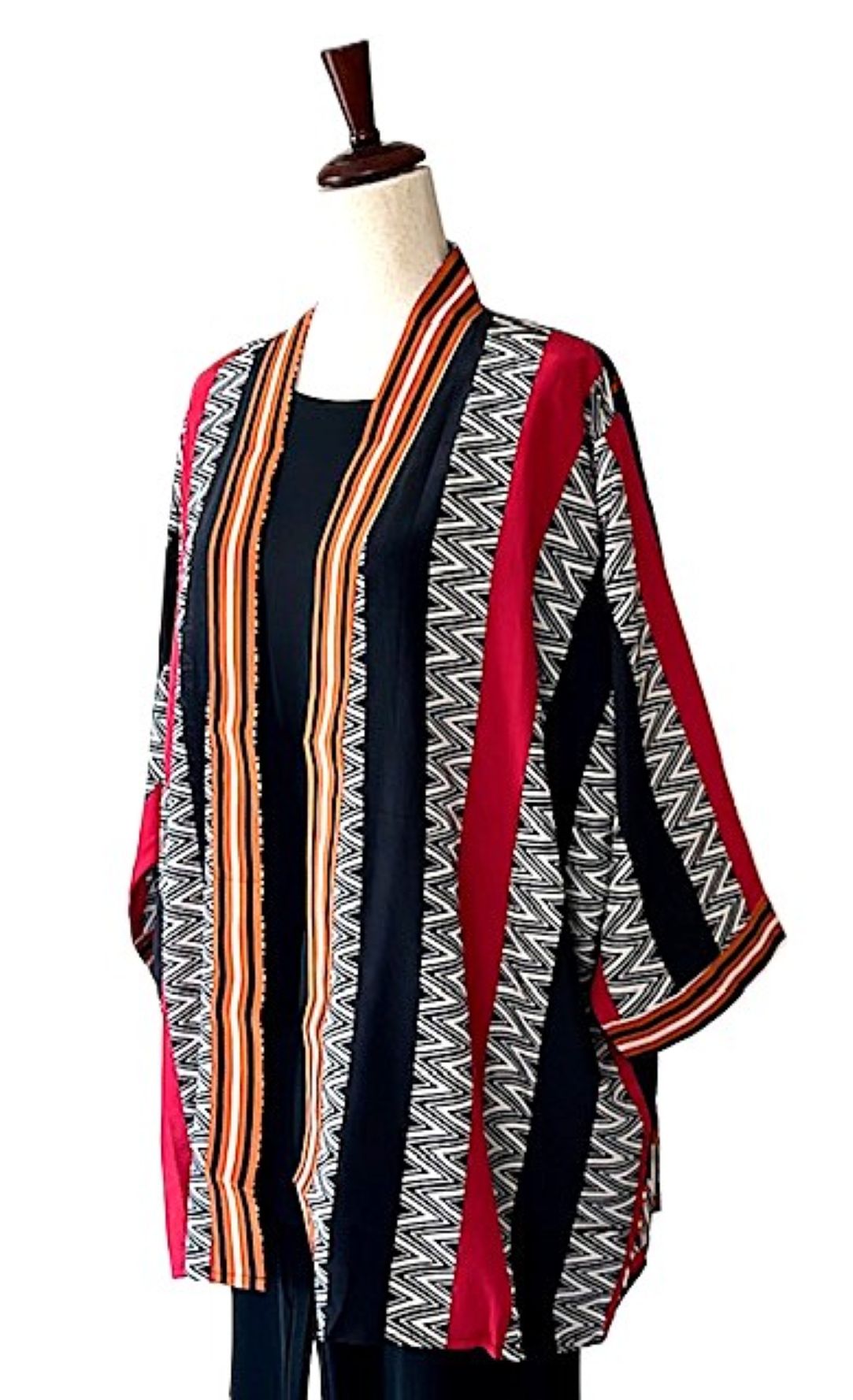 Short Silk Kimono Duster. Dramatic In Red And Black. (Stripe)