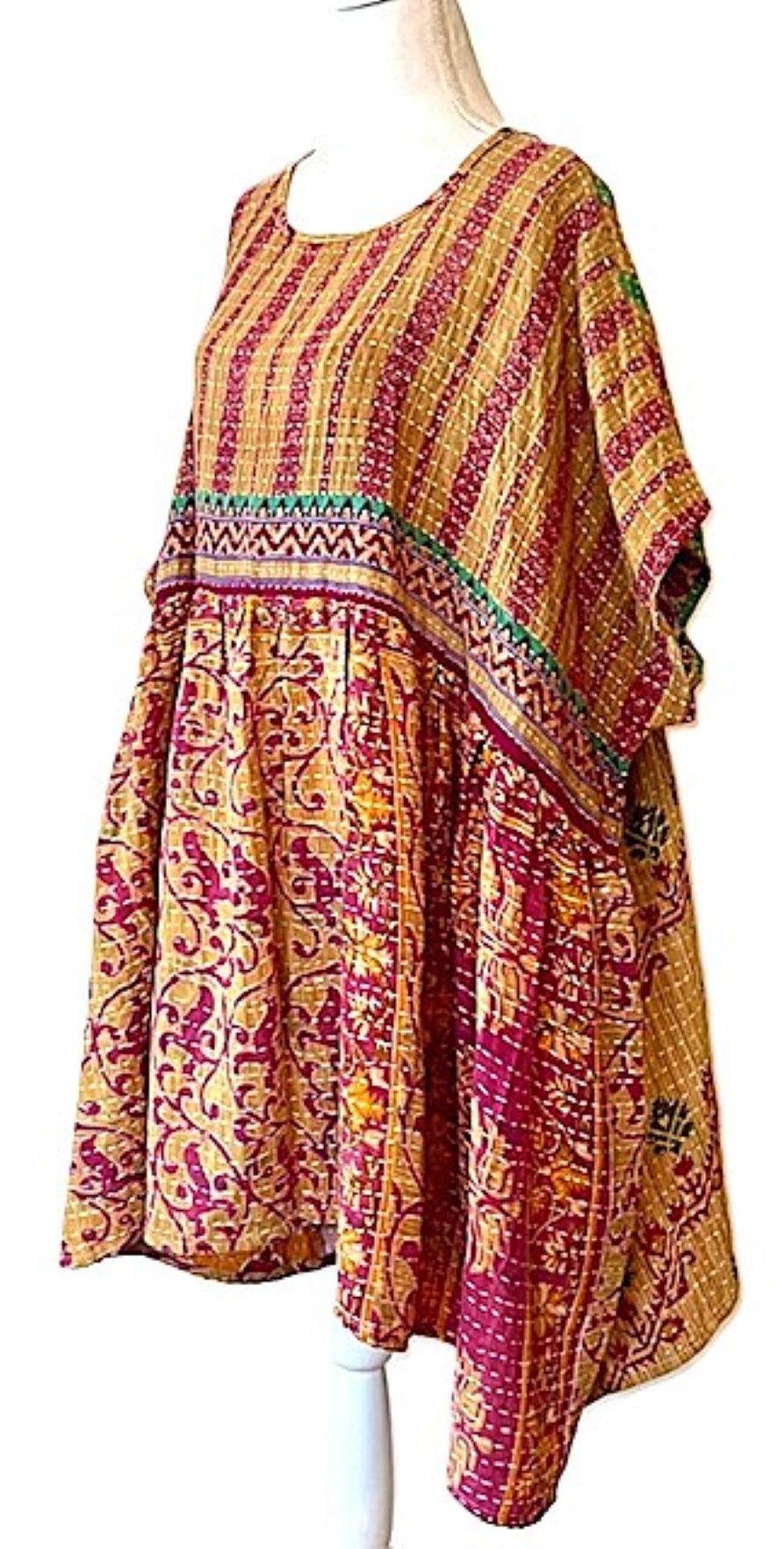 Kantha Bae Quilt Mini Dress. Comfortable, Soft, and Very Chic (Red Stripe)