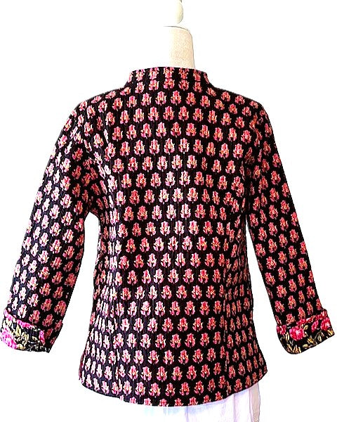 Luxe Cotton Quilted Womens Jacket, Fully Reversible (Black and Pink)