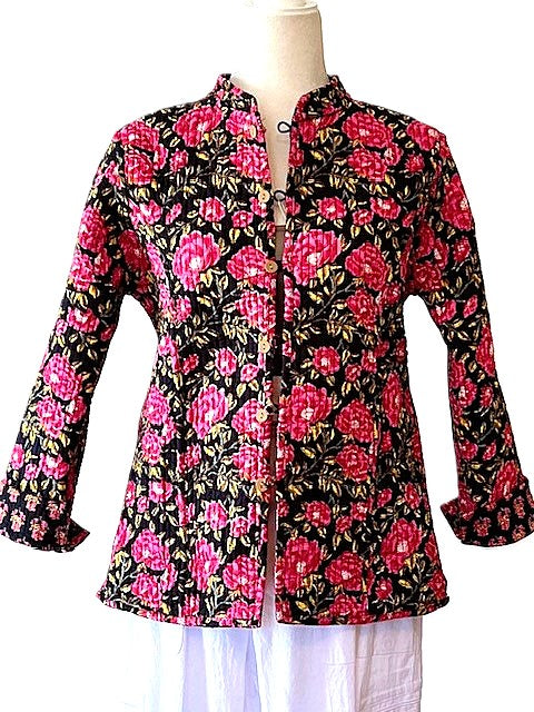 Luxe Cotton Quilted Womens Jacket, Fully Reversible (Black and Pink)