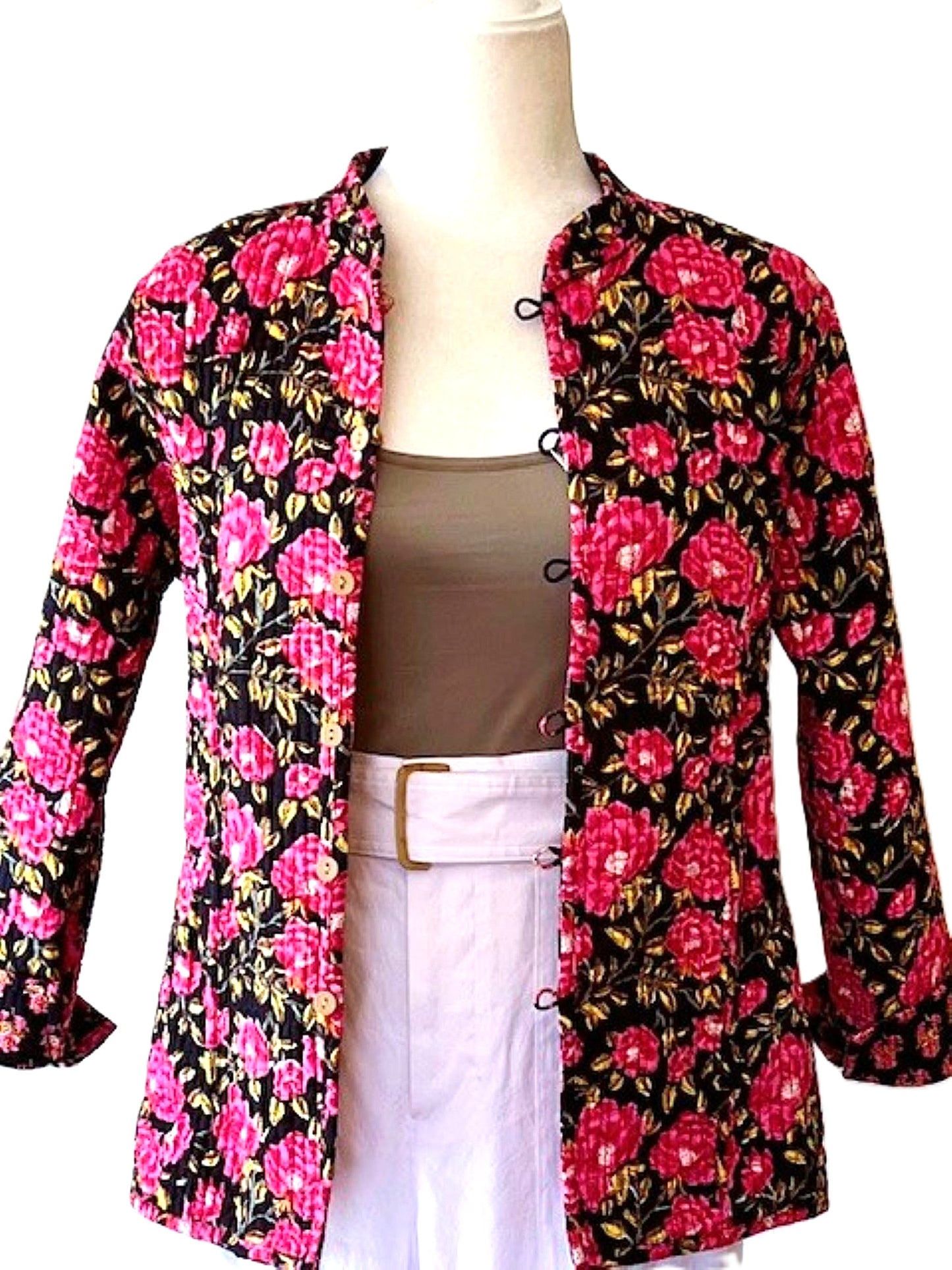 Luxe Cotton Quilted Womens Jacket, Fully Reversible (Black and Pink)