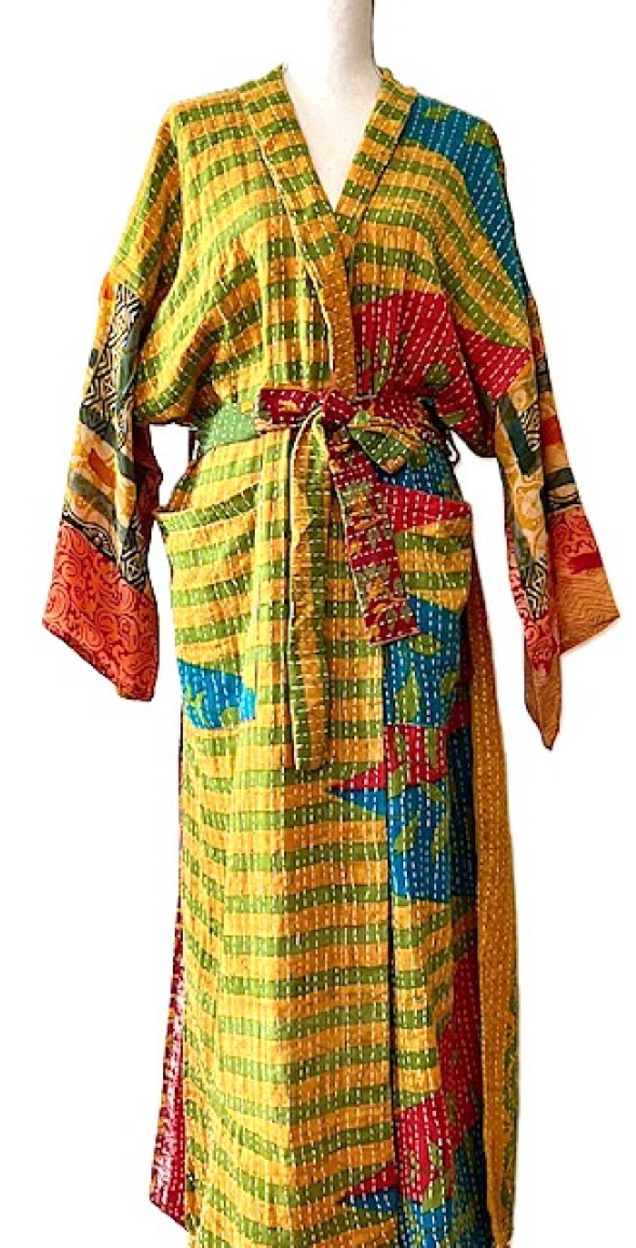 Kantha Bae Majestic Kimono Is It, Abstract (Yellow Green Stripe)