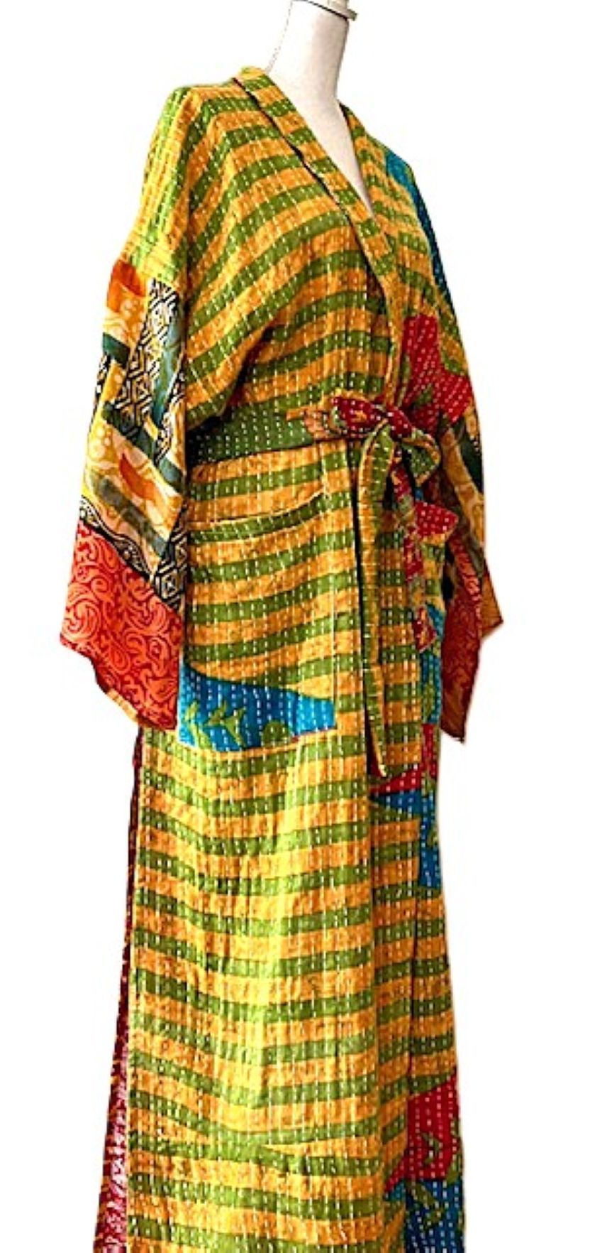 Kantha Bae Majestic Kimono Is It, Abstract (Yellow Green Stripe)