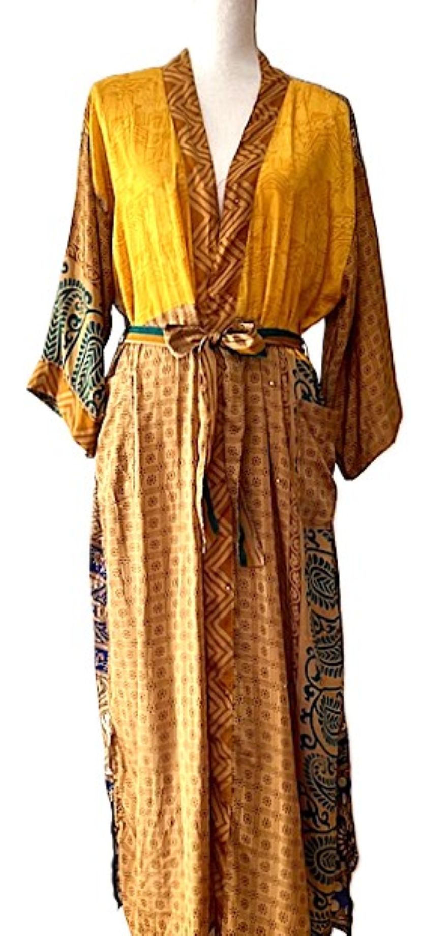 Long Silk Kimono Duster, Elegant Complex Mixed Print And Elegant (Gold)