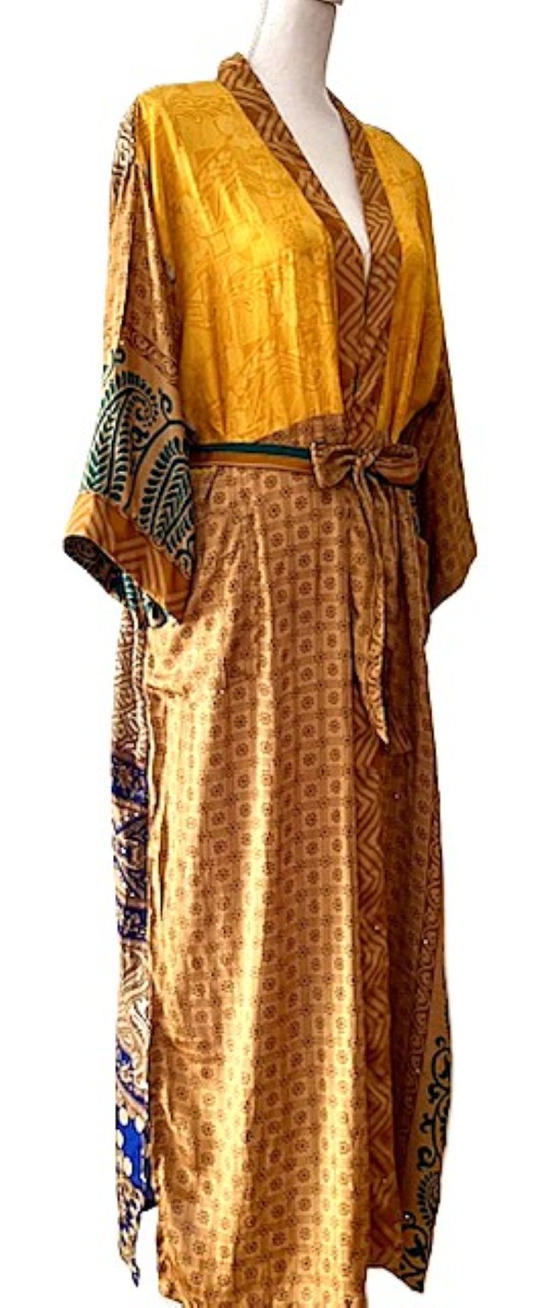 Long Silk Kimono Duster, Elegant Complex Mixed Print And Elegant (Gold)