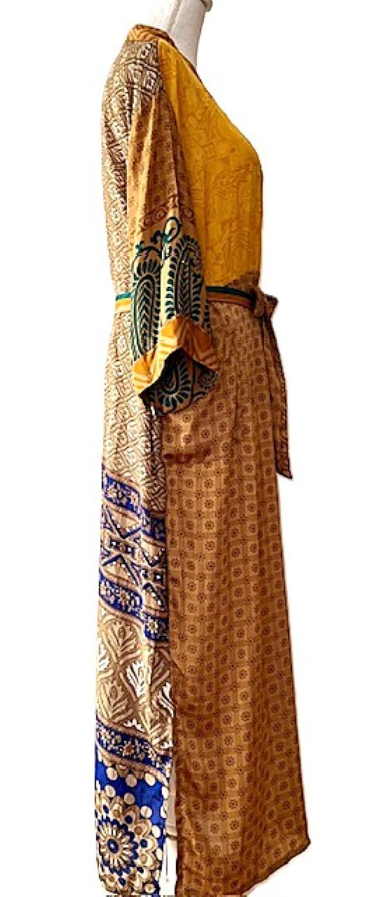 Long Silk Kimono Duster, Elegant Complex Mixed Print And Elegant (Gold)