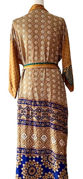 Long Silk Kimono Duster, Elegant Complex Mixed Print And Elegant (Gold)