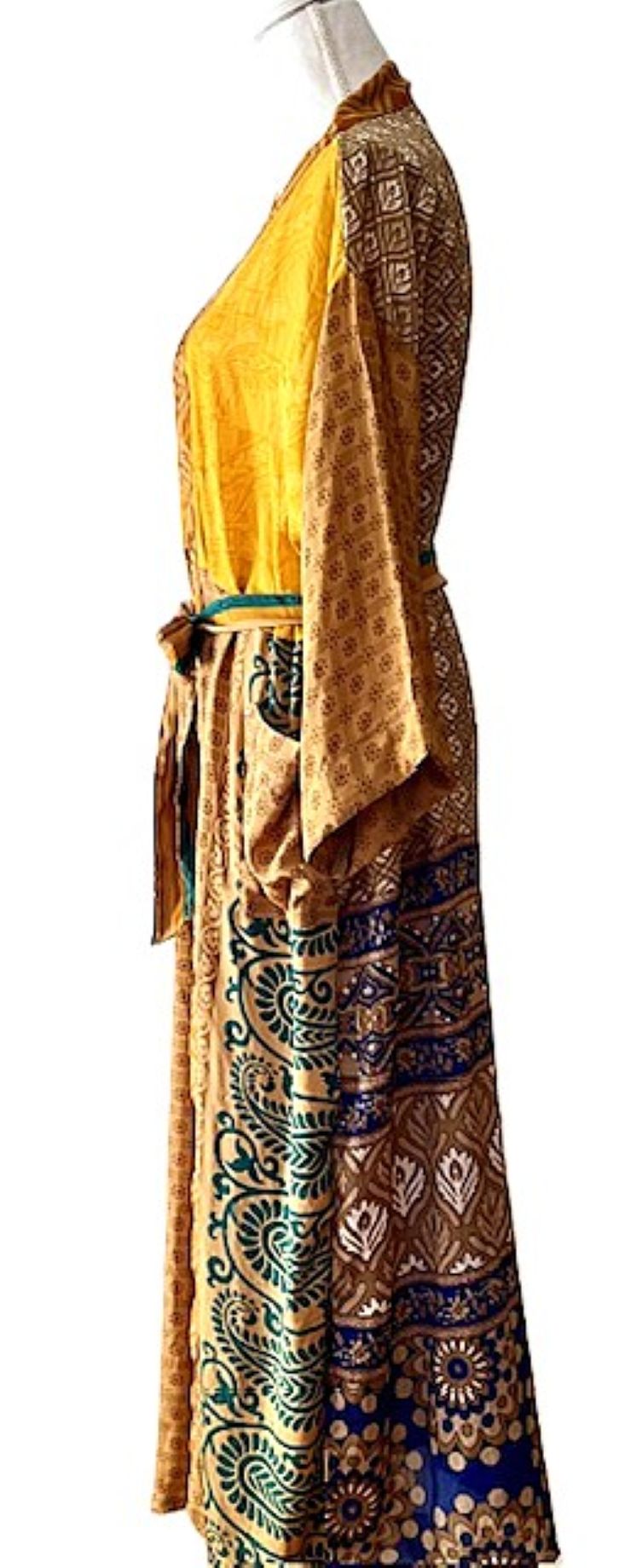 Long Silk Kimono Duster, Elegant Complex Mixed Print And Elegant (Gold)