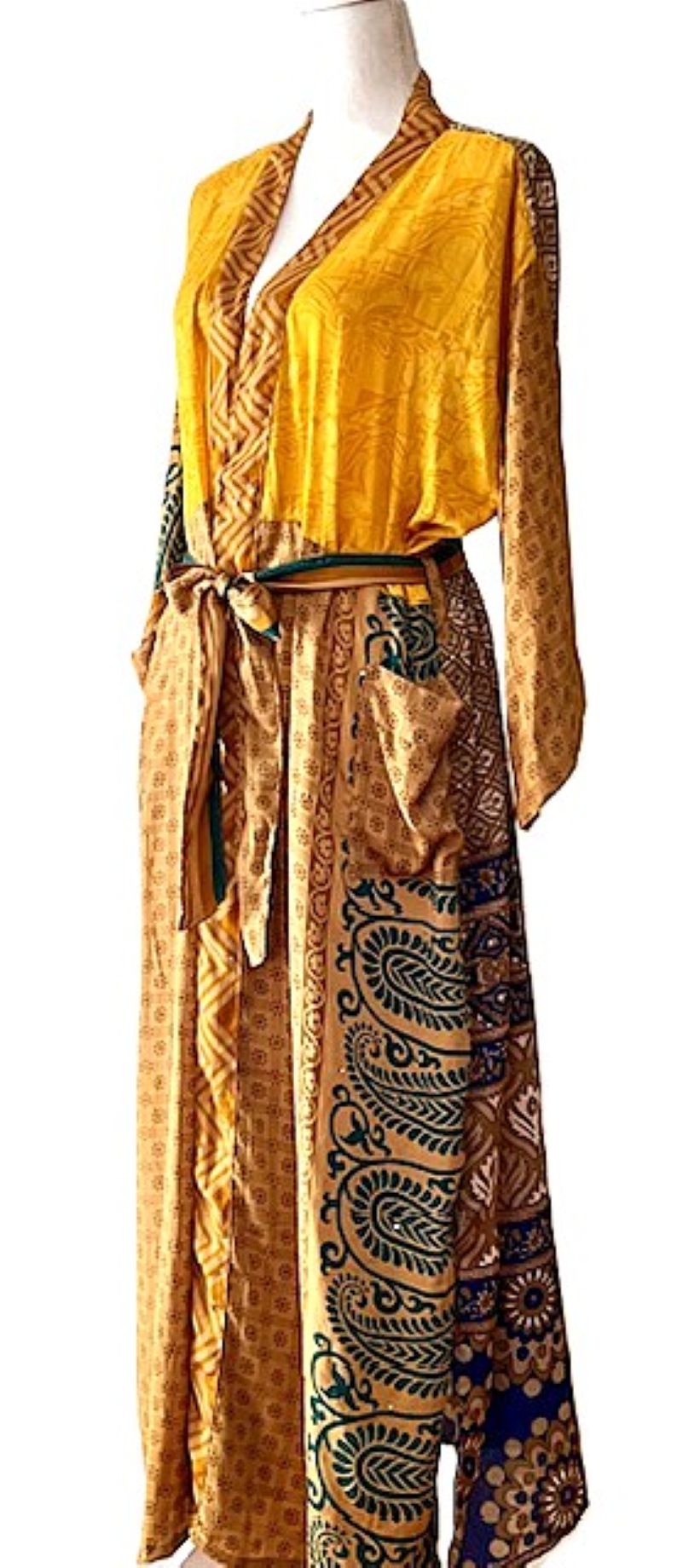 Long Silk Kimono Duster, Elegant Complex Mixed Print And Elegant (Gold)