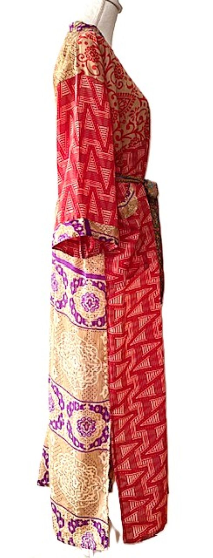 Long Silk Kimono Duster, Elegant Complex Mixed Print And Elegant (Pink)