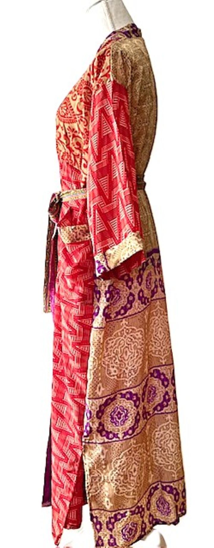 Long Silk Kimono Duster, Elegant Complex Mixed Print And Elegant (Pink)