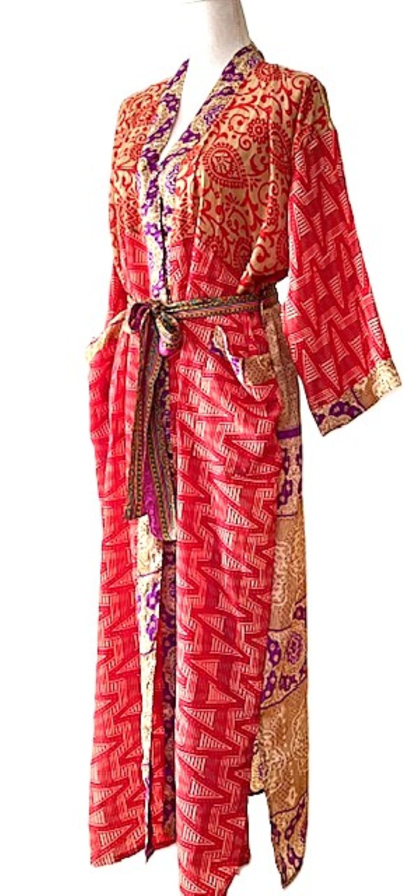Long Silk Kimono Duster, Elegant Complex Mixed Print And Elegant (Pink)