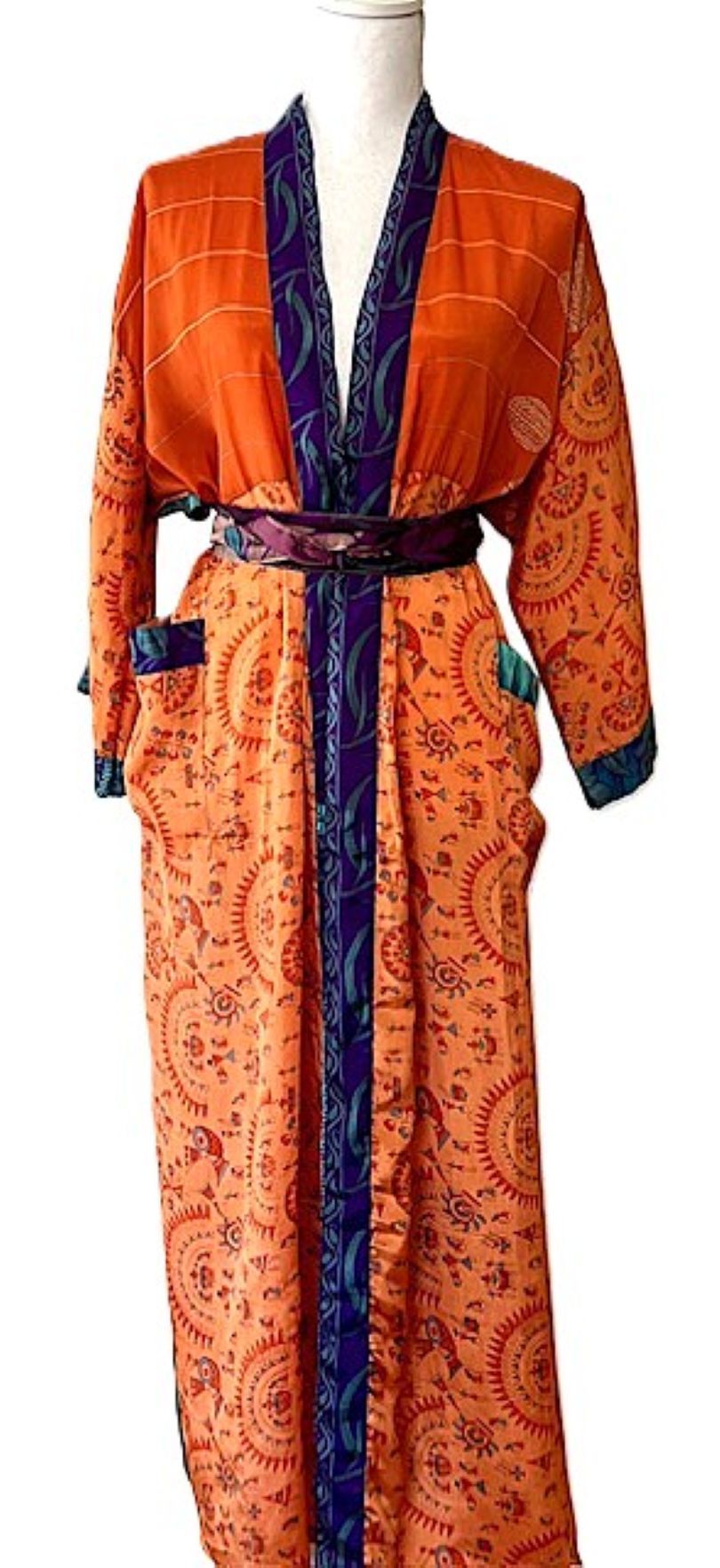 Long Silk Kimono Duster, Handmade. Dramatic Two Tone And Elegant (Orange)
