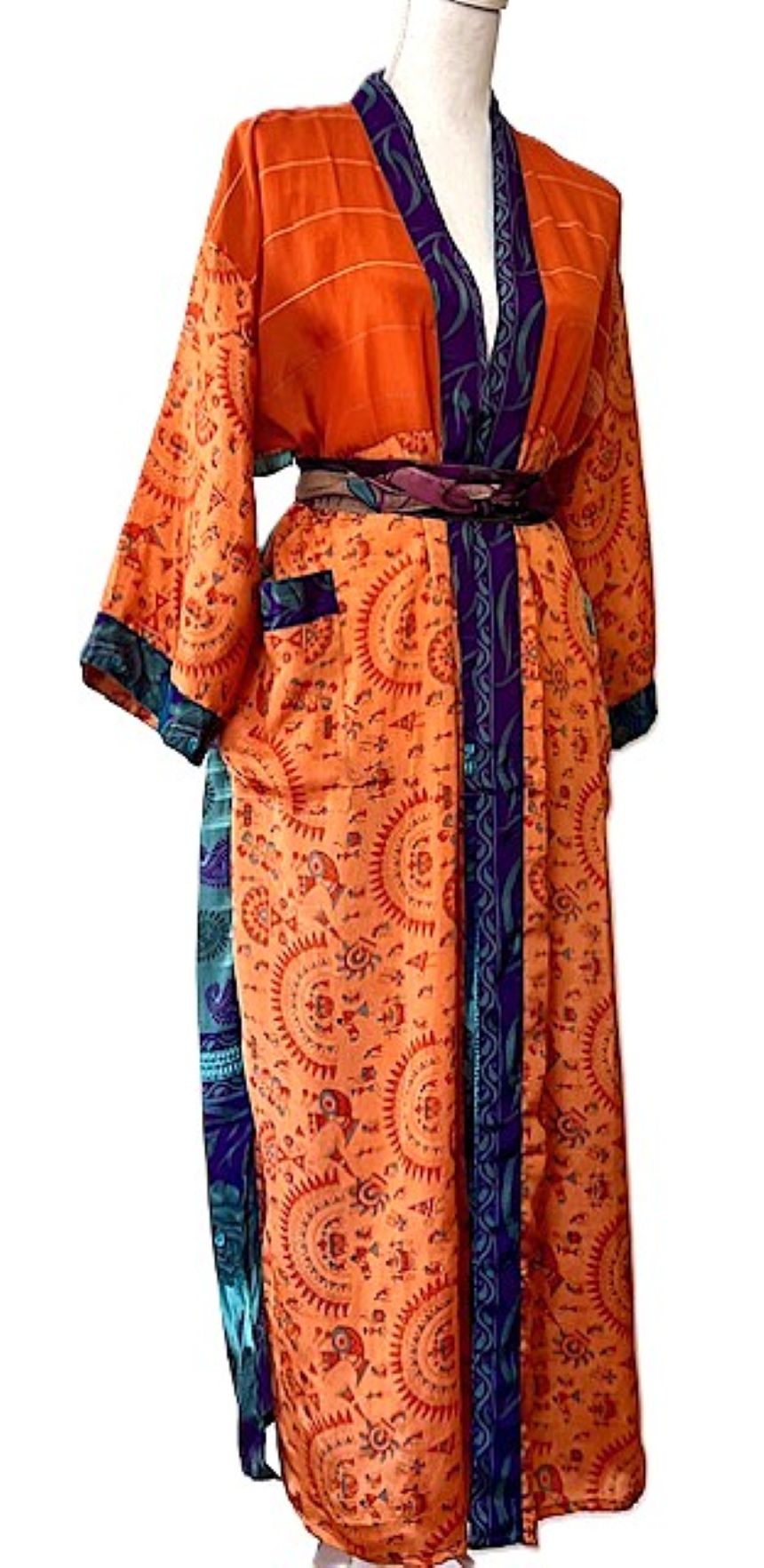 Long Silk Kimono Duster, Handmade. Dramatic Two Tone And Elegant (Orange)