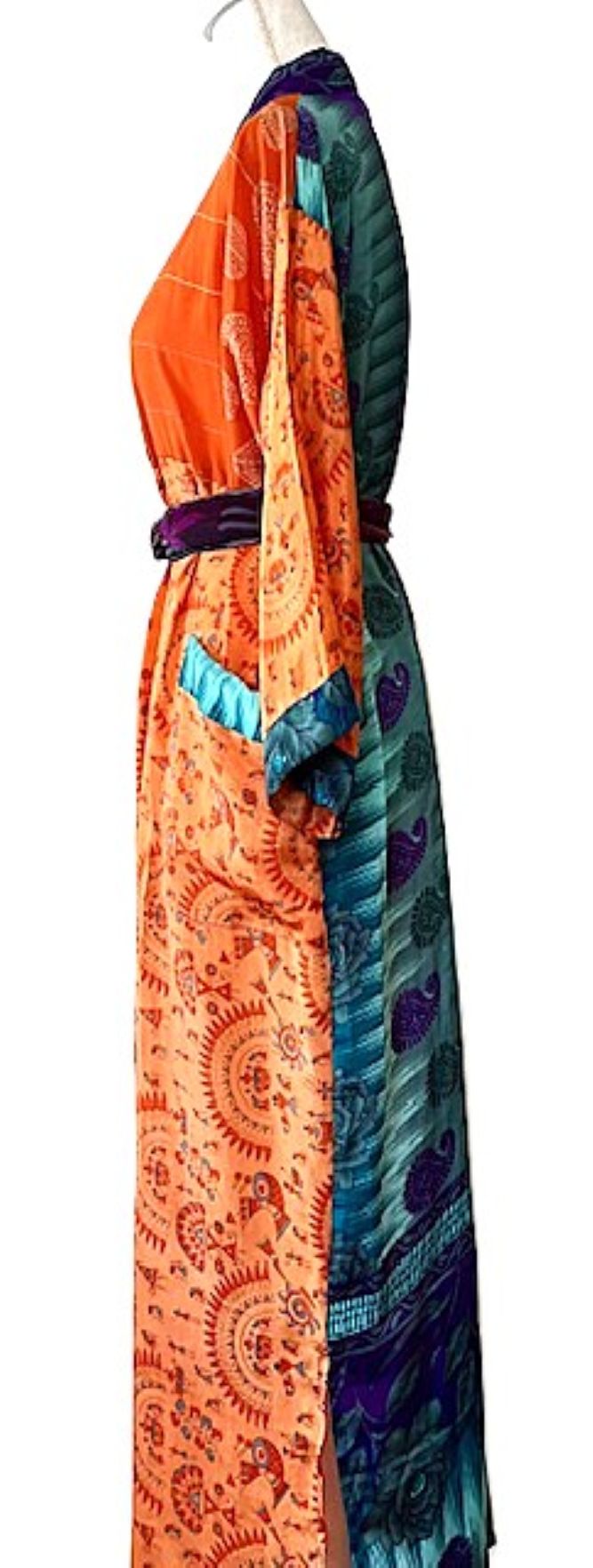 Long Silk Kimono Duster, Handmade. Dramatic Two Tone And Elegant (Orange)