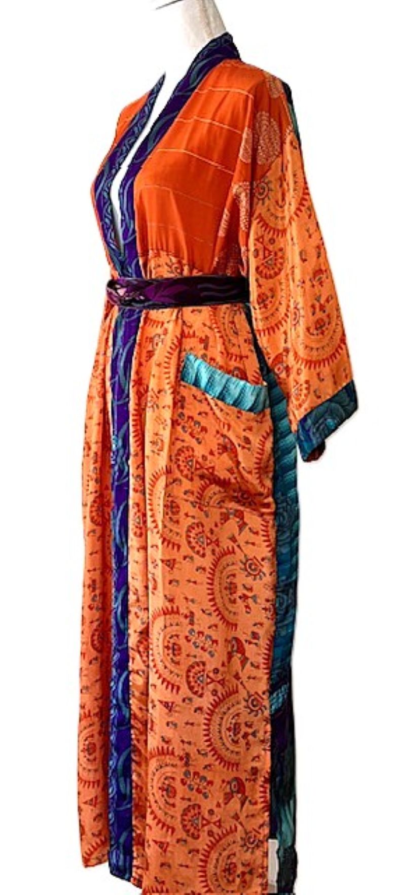 Long Silk Kimono Duster, Handmade. Dramatic Two Tone And Elegant (Orange)