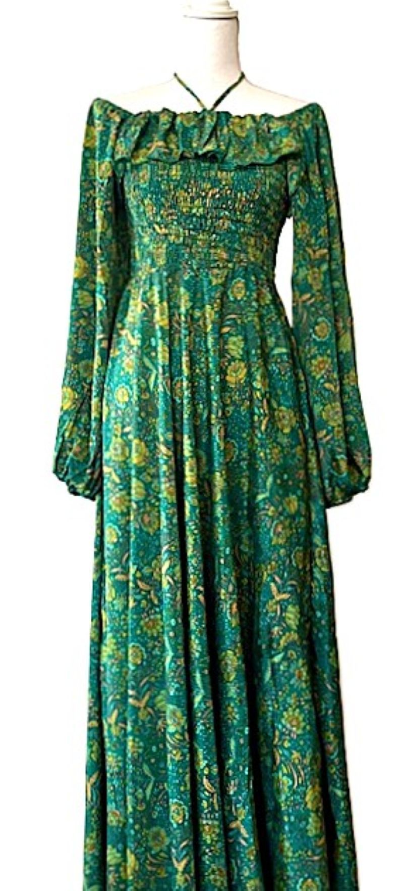 Maxi Silk Smocked Bodice Dress Is Elegant and Romantic. (Forest Green)