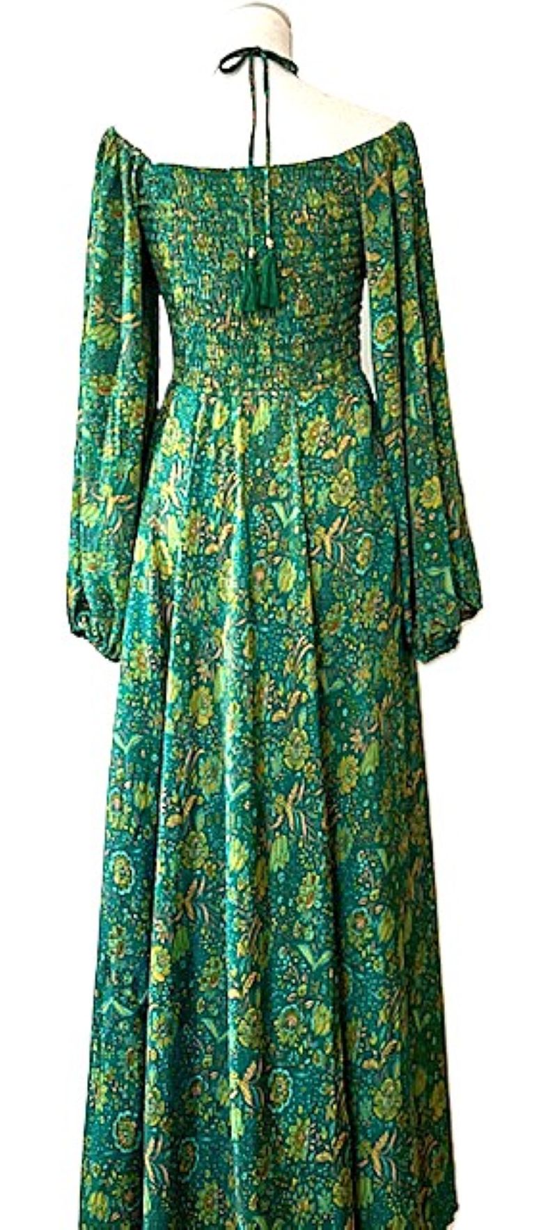 Maxi Silk Smocked Bodice Dress Is Elegant and Romantic. (Forest Green)