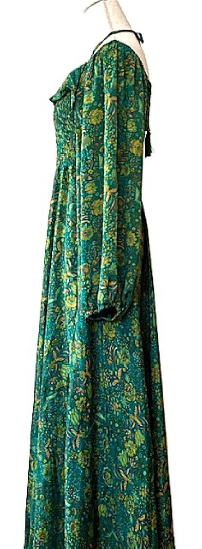 Maxi Silk Smocked Bodice Dress Is Elegant and Romantic. (Forest Green)