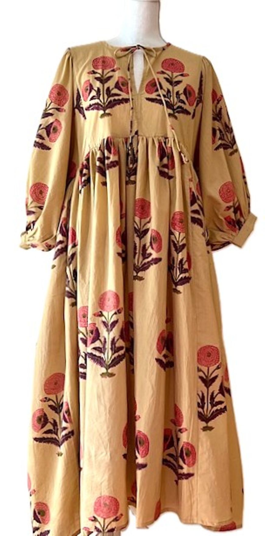 Cotton Handblock Midi Dress in Desert Bloom Print(Tan)