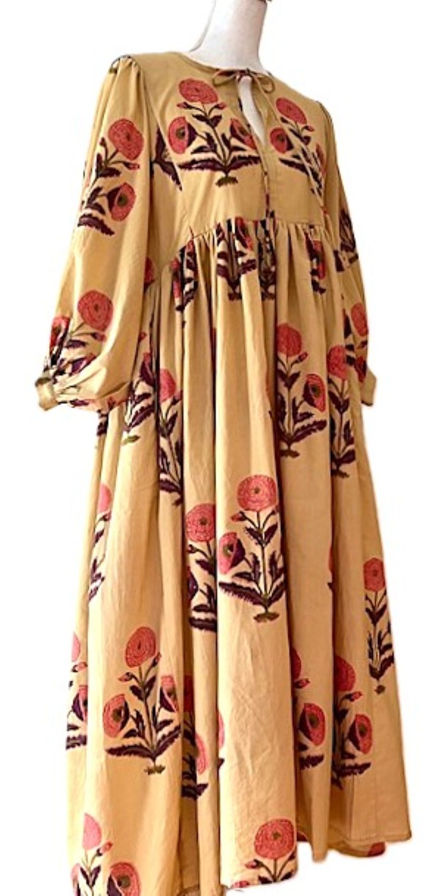 Cotton Handblock Midi Dress in Desert Bloom Print(Tan)