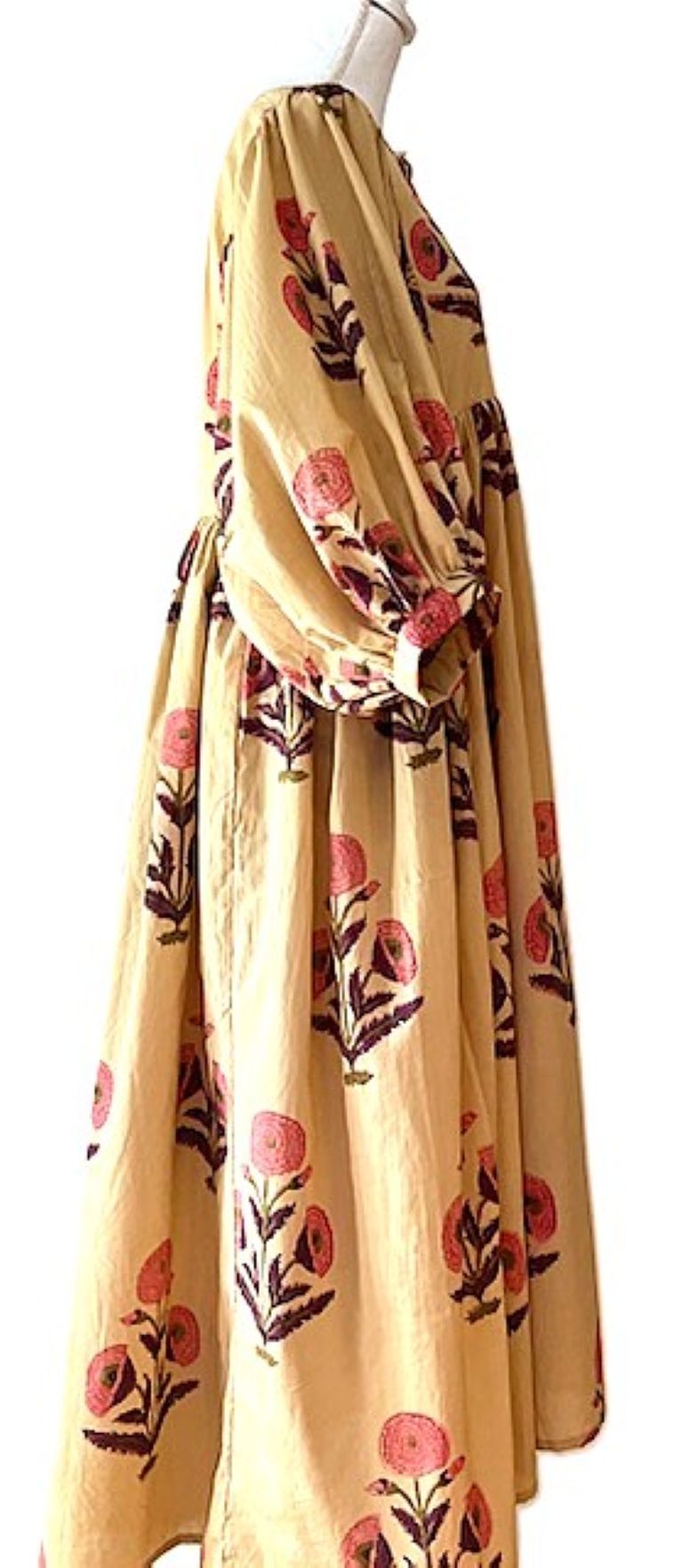 Cotton Handblock Midi Dress in Desert Bloom Print(Tan)
