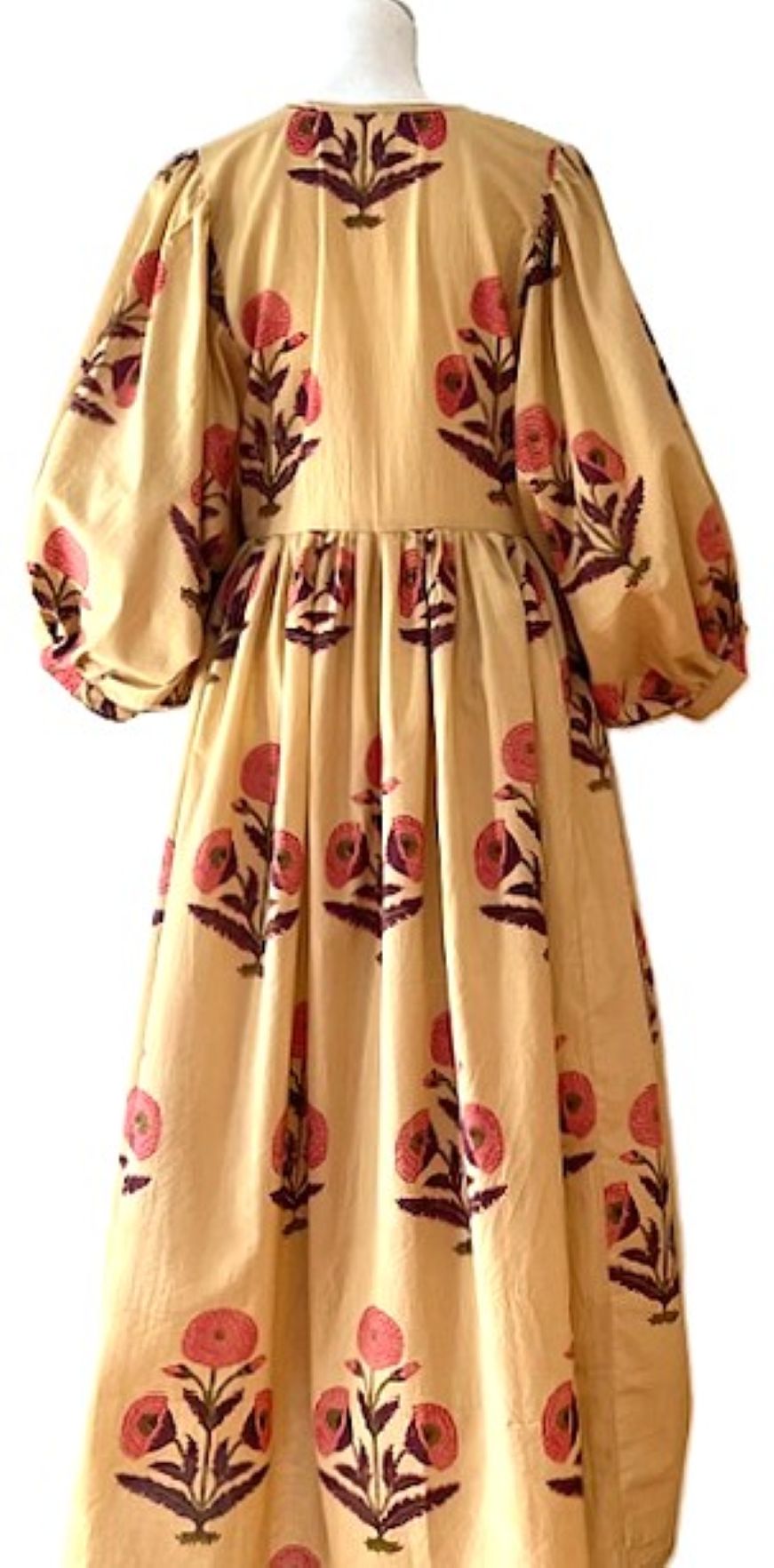 Cotton Handblock Midi Dress in Desert Bloom Print(Tan)