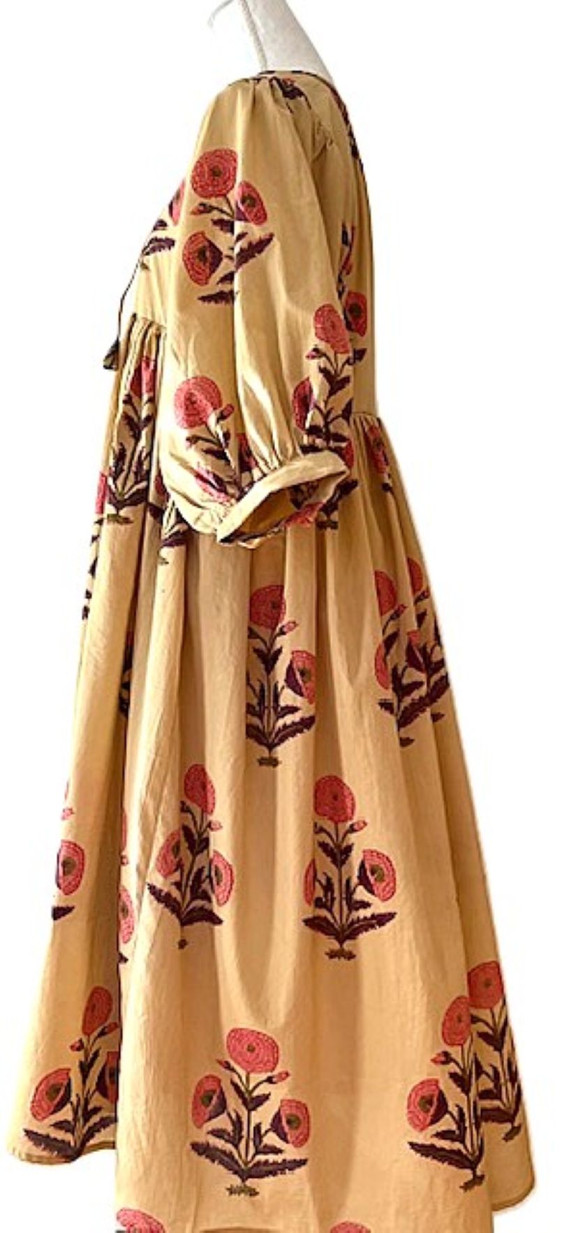 Cotton Handblock Midi Dress in Desert Bloom Print(Tan)