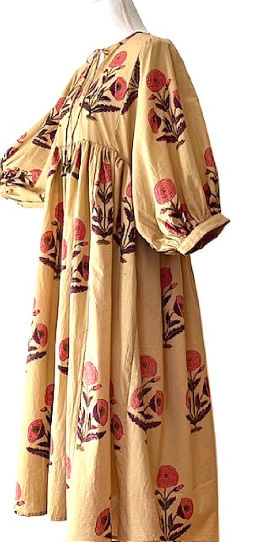 Cotton Handblock Midi Dress in Desert Bloom Print(Tan)