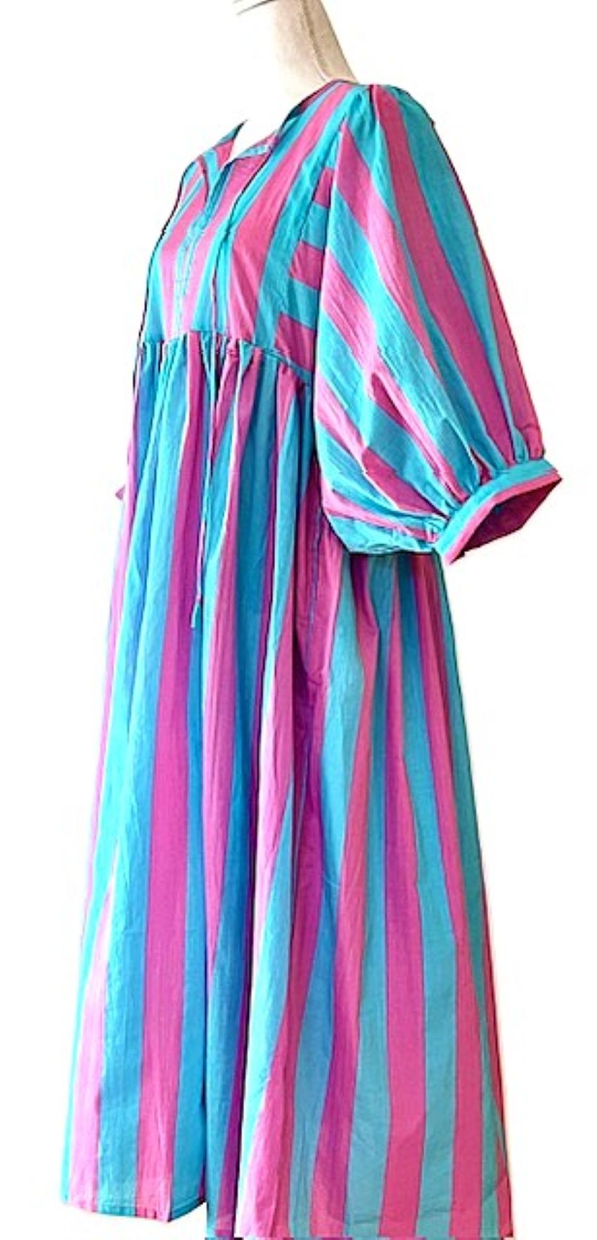 Striped Cotton Handblock Midi Dress (Turquoise Fuschia)