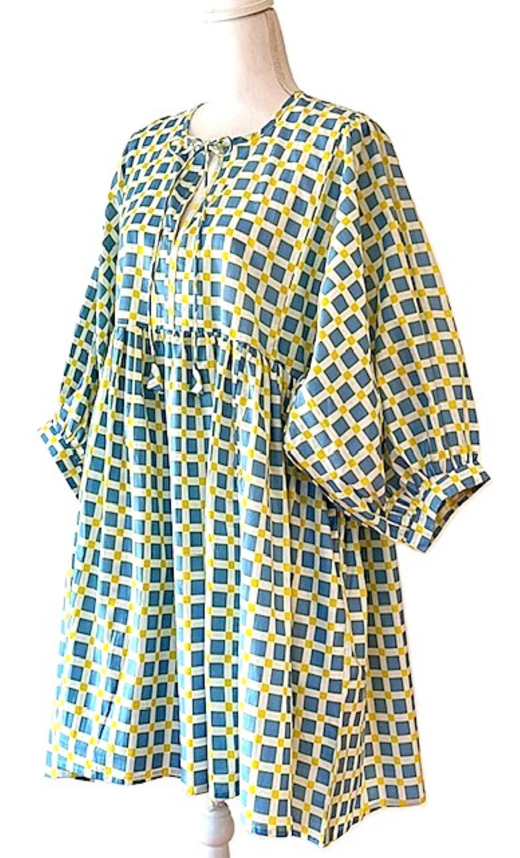 Cotton Handblock Mini Dress In A Bright Plaid. (Yellow Blue)