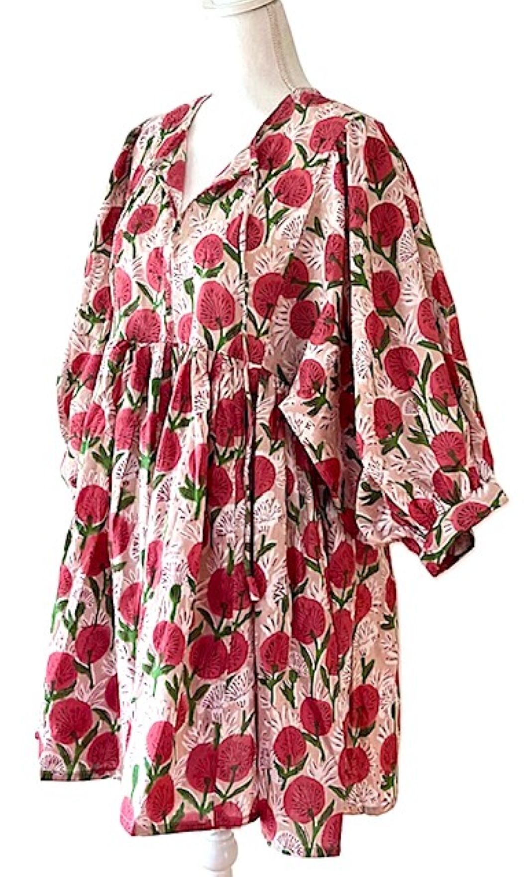 Cotton Handblock Mini Dress In A Bright Floral Print. (Red).