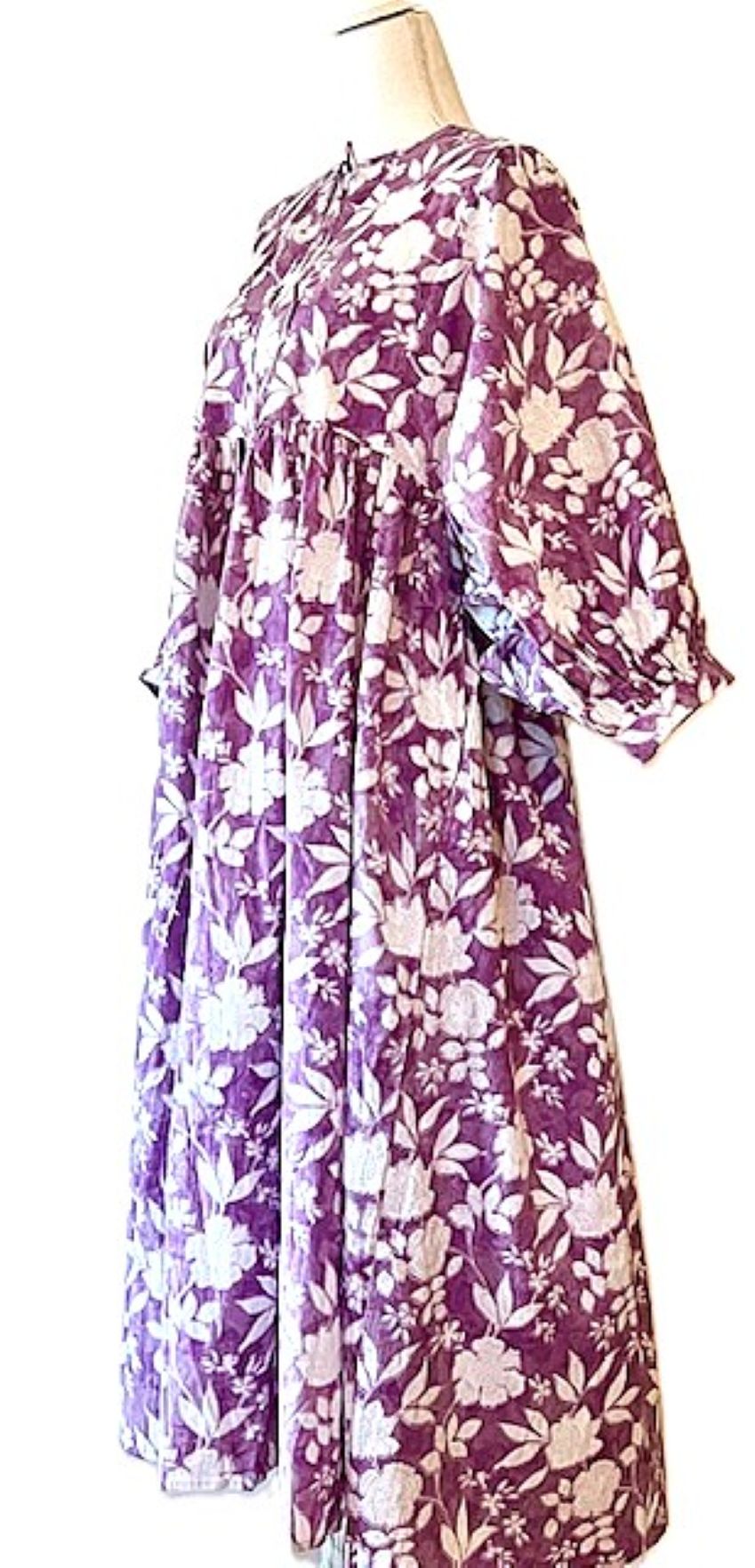 Fresh Floral Cotton Handblock Midi Dress (Purple).