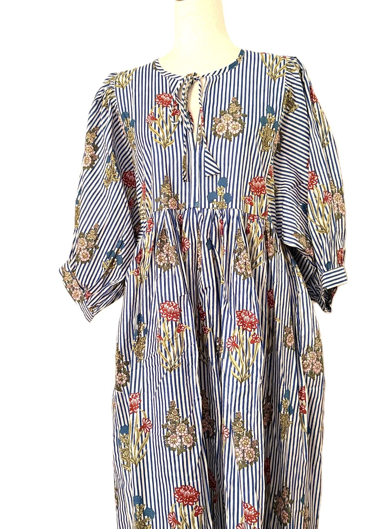 Dresses: Bouquets And Stripes Cotton Midi Is A New Spin (Navy)