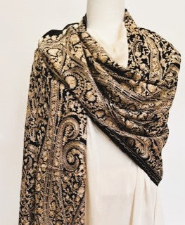 Tanaya Embroidered Wool Shawl. Collector's shawl. Black & Metallic
