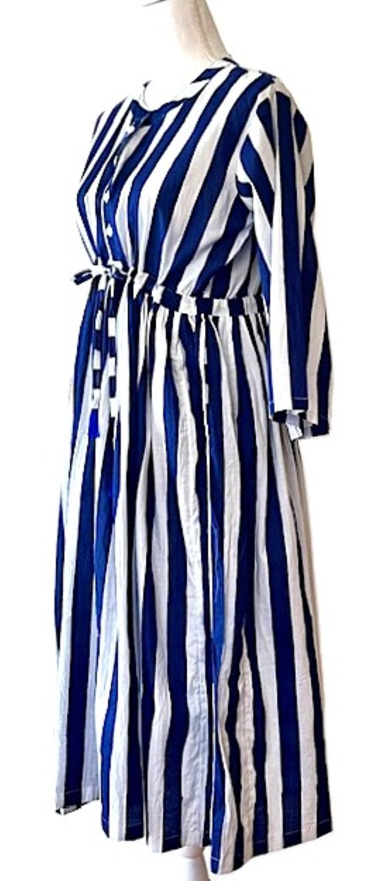 Sophisticated Handblocked Striped Cotton Dress (Navy and White)