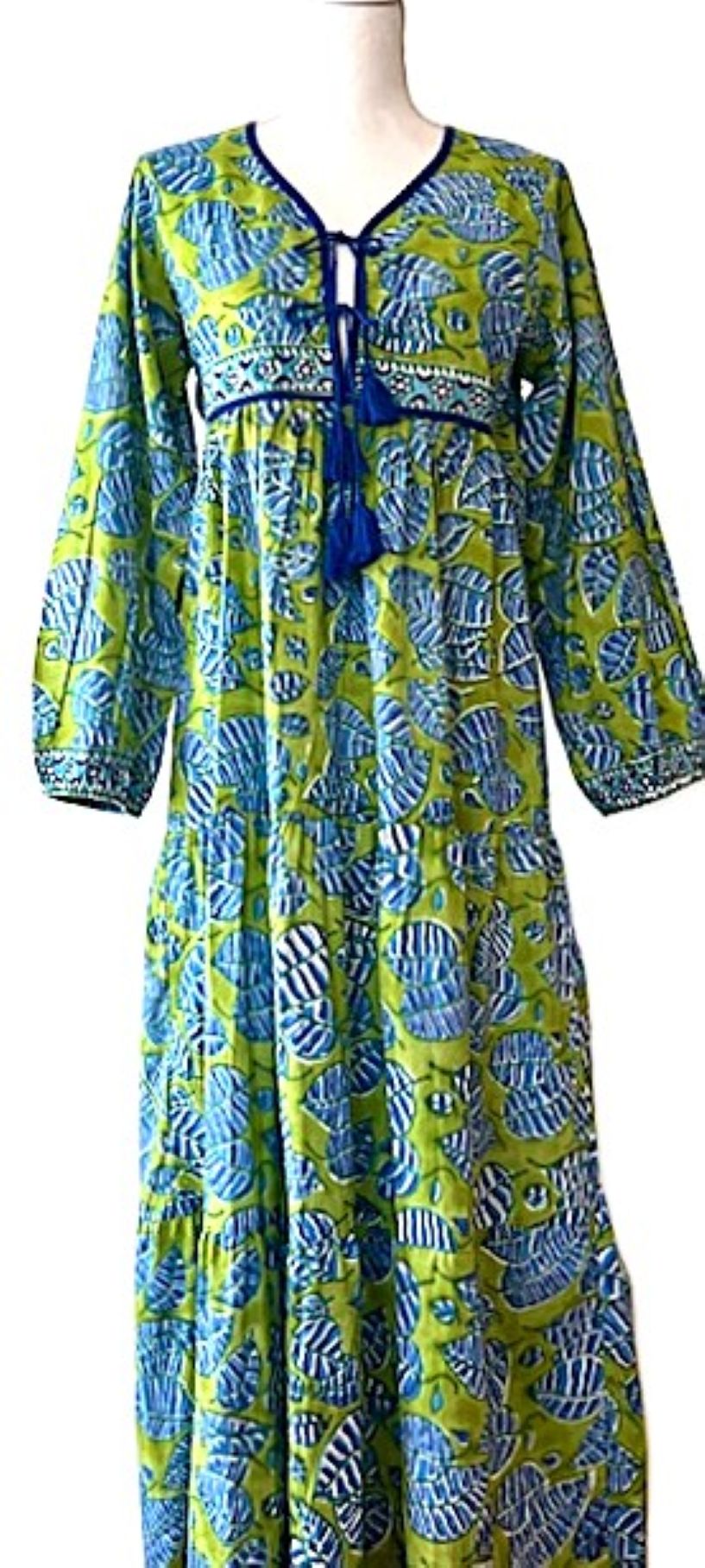 Long Cotton Block Print Dress Is A Tailored Classic (Green Blue).