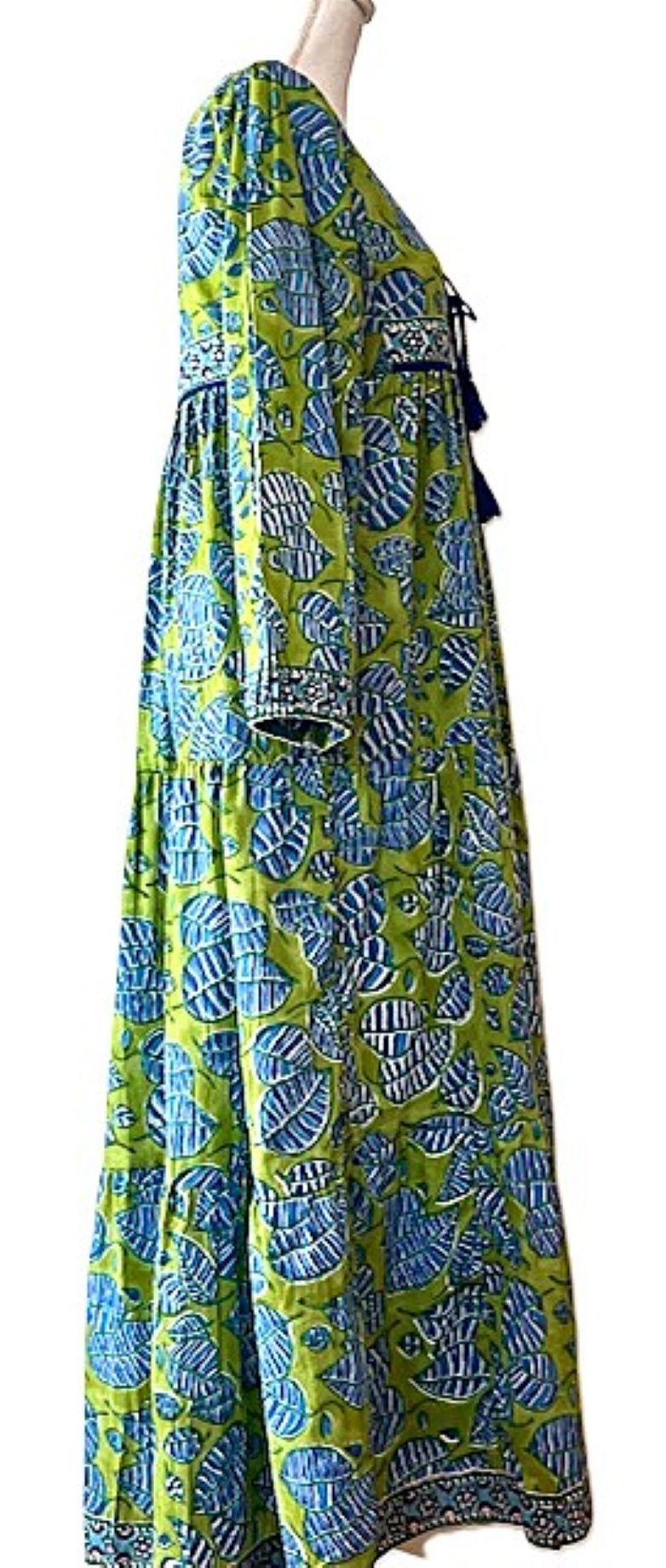 Long Cotton Block Print Dress Is A Tailored Classic (Green Blue).