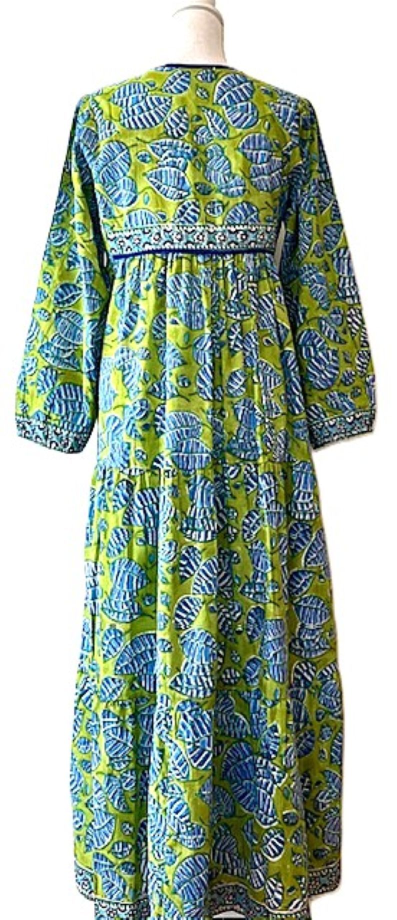 Long Cotton Block Print Dress Is A Tailored Classic (Green Blue).