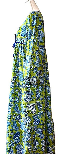 Long Cotton Block Print Dress Is A Tailored Classic (Green Blue).