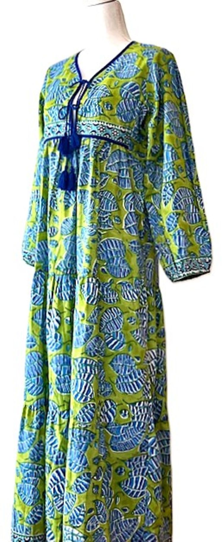 Long Cotton Block Print Dress Is A Tailored Classic (Green Blue).