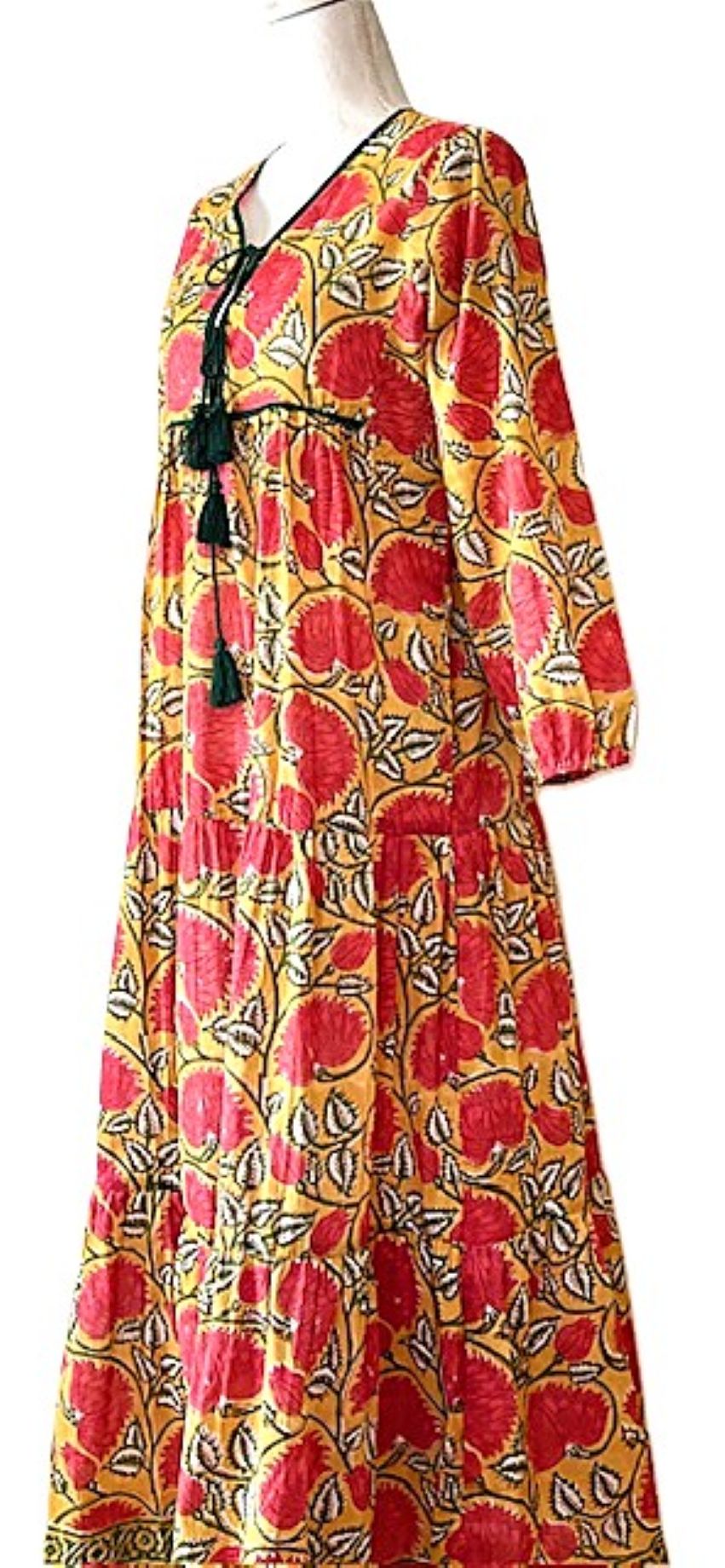 Long Cotton Block Print Dress Is A Tailored Classic (Yellow Fuschia)