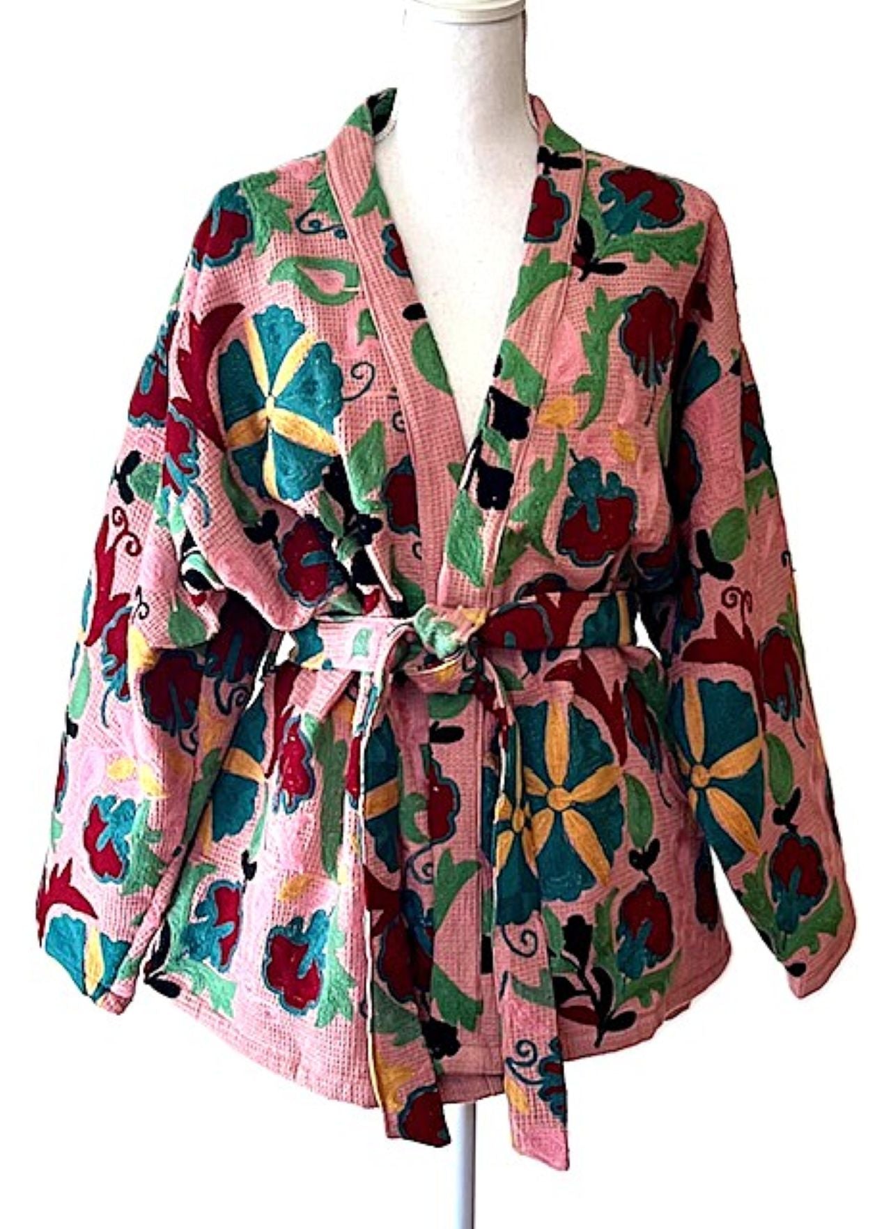 Short Kimono Jacket In Textured Waffle Cotton. Hand Embroidered Suzani Stitching.
