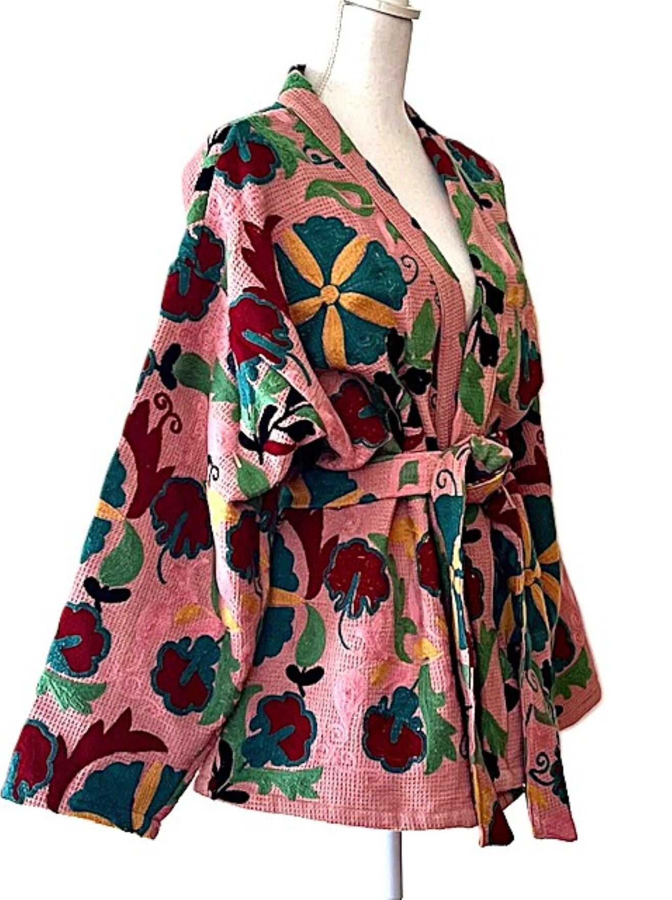 Short Kimono Jacket In Textured Waffle Cotton. Hand Embroidered Suzani Stitching.